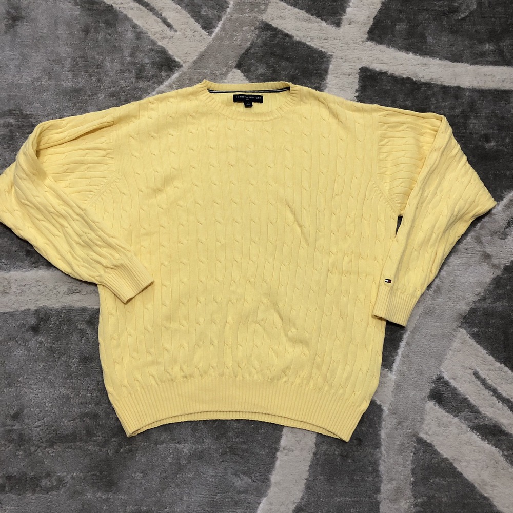 Tommy Hilfiger Cable Knit Sweater Men Large Yellow Golf‎ Preppy Academia Tennis